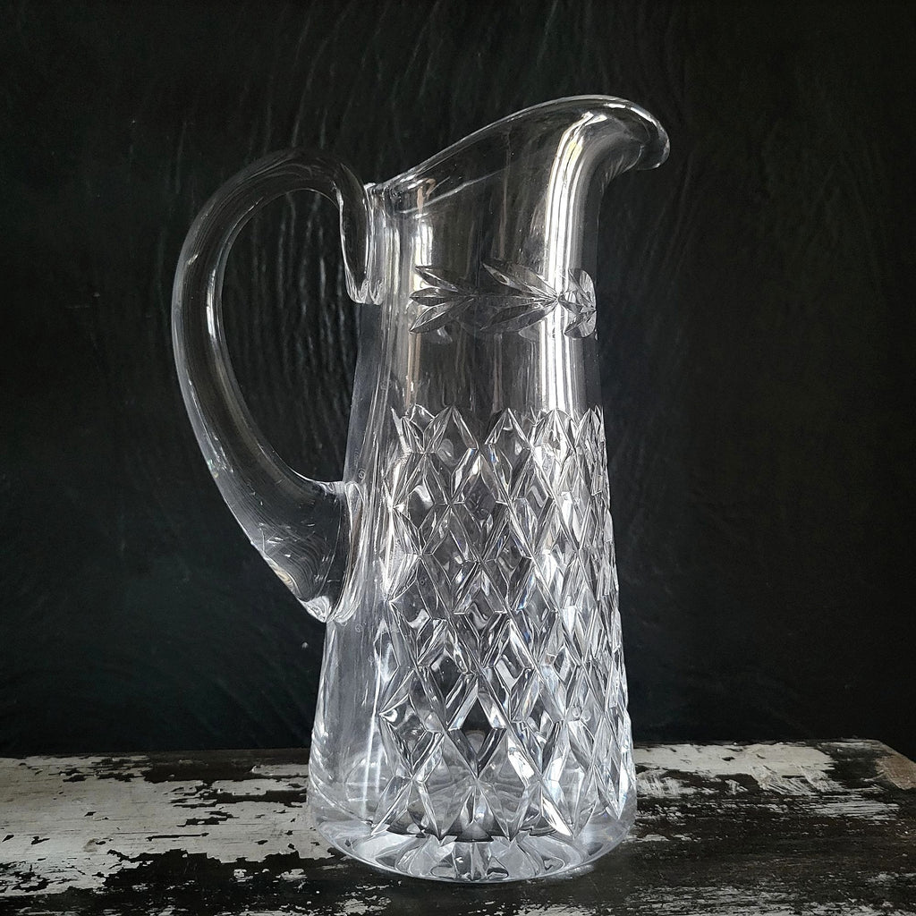 Vintage Cut Glass Pitcher With Diamond and Laurel Leaf Pattern, Upscale Dining