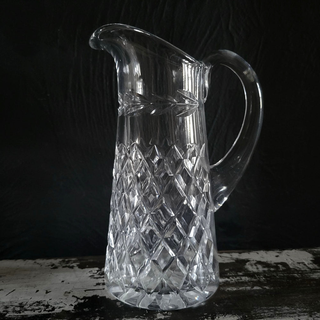 Vintage Cut Glass Pitcher With Diamond and Laurel Leaf Pattern, Upscale Dining