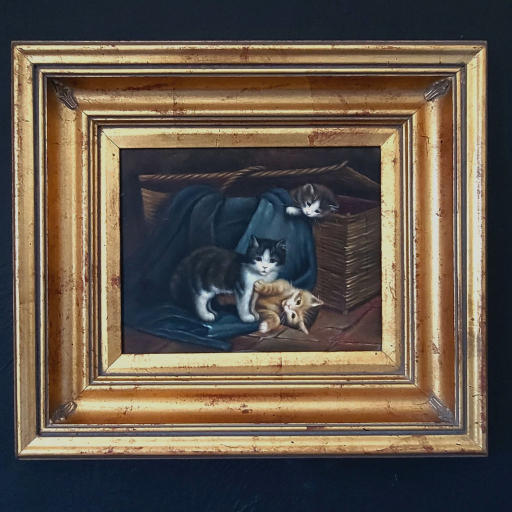 Oil Painting on Board of Three Kittens Signed P. Saied With Gold Frame