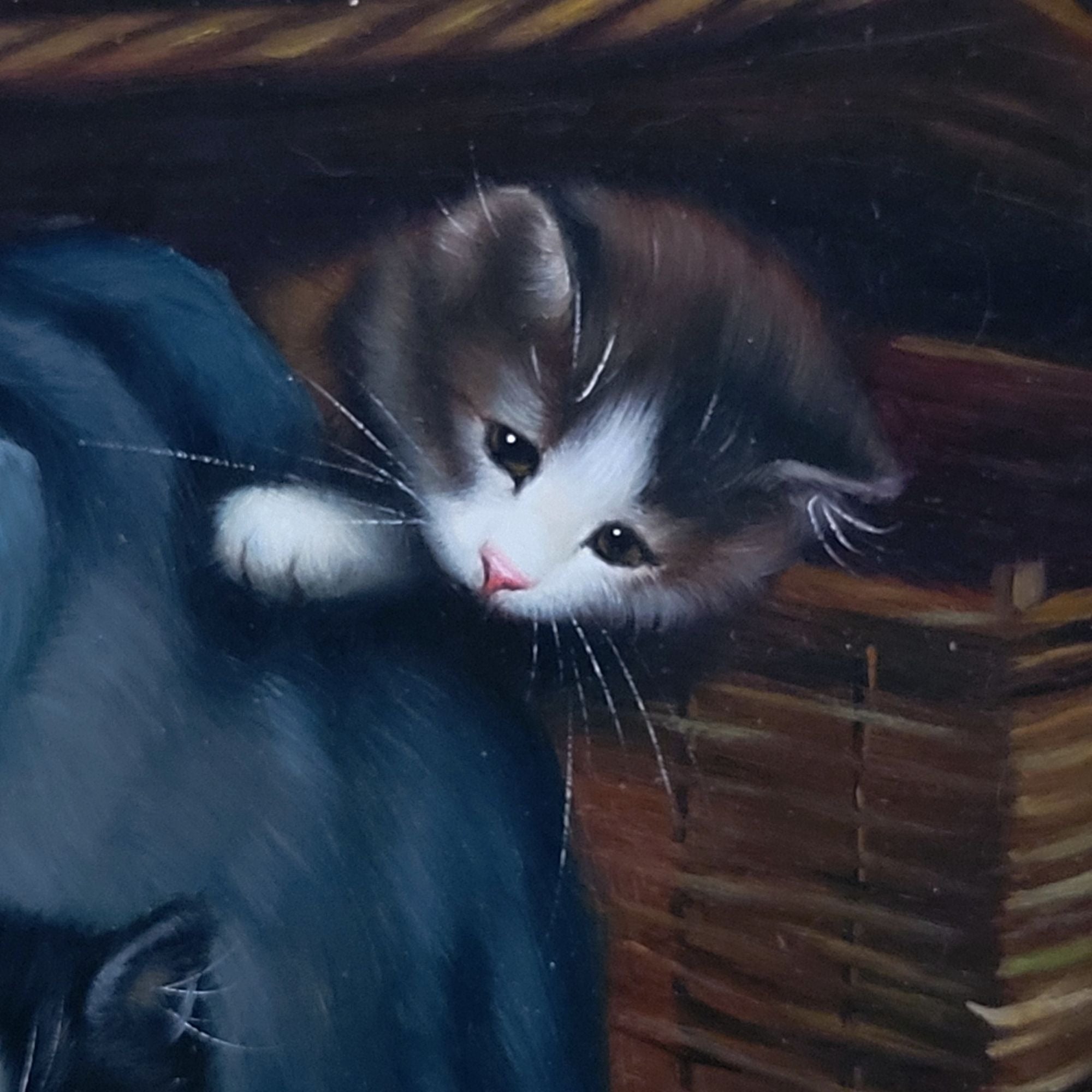 Oil Painting on Board of Three Kittens Signed P. Saied With Gold Frame