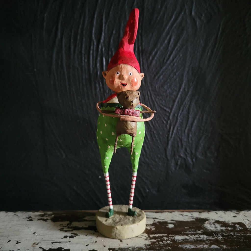 Giving Gabe Figurine By Lori Mitchell Christmas Elf Figurine with Teddy Bear