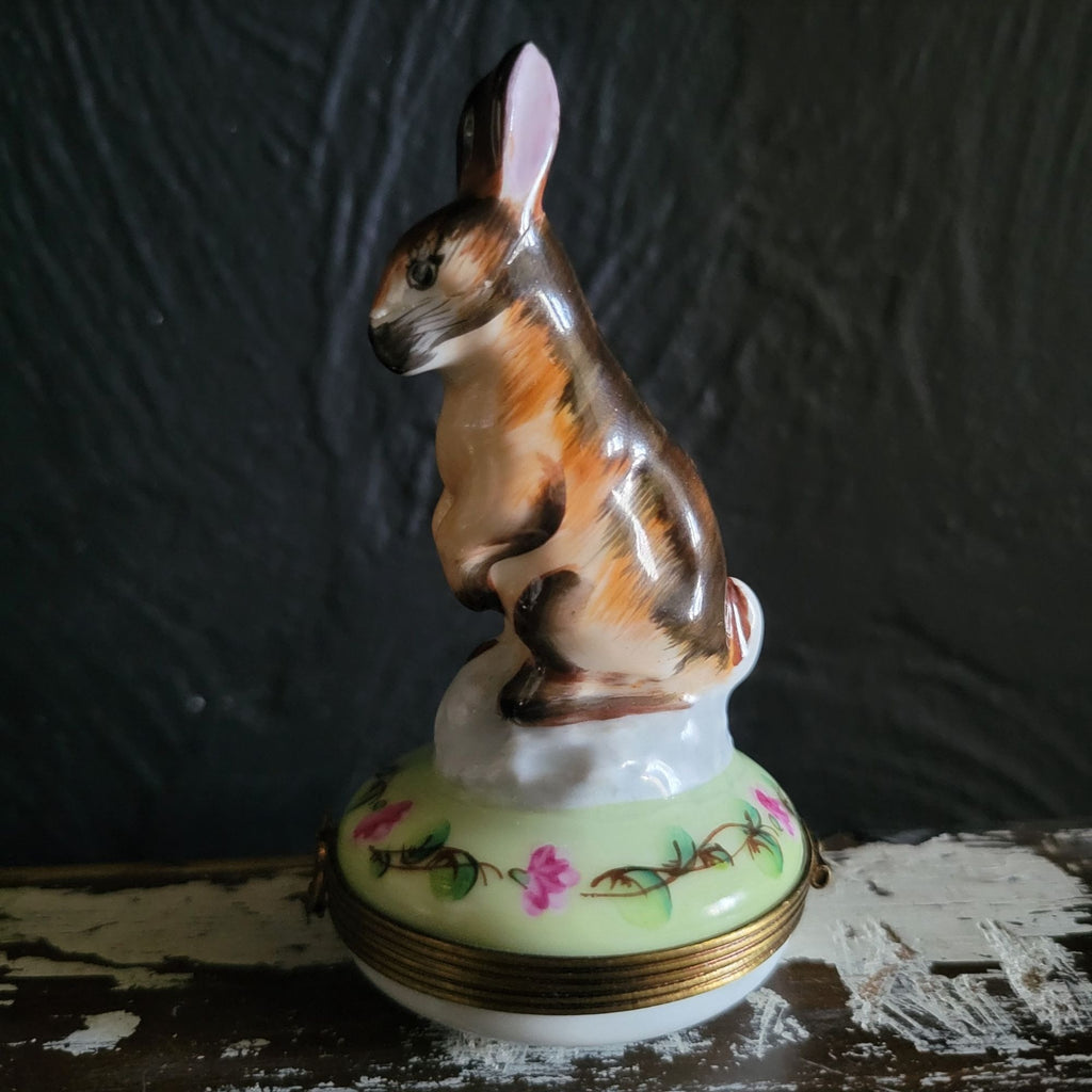 Vtg Limoges Charmart Decor Main Porcelain Box Brown Rabbit Figurine Trinket Box