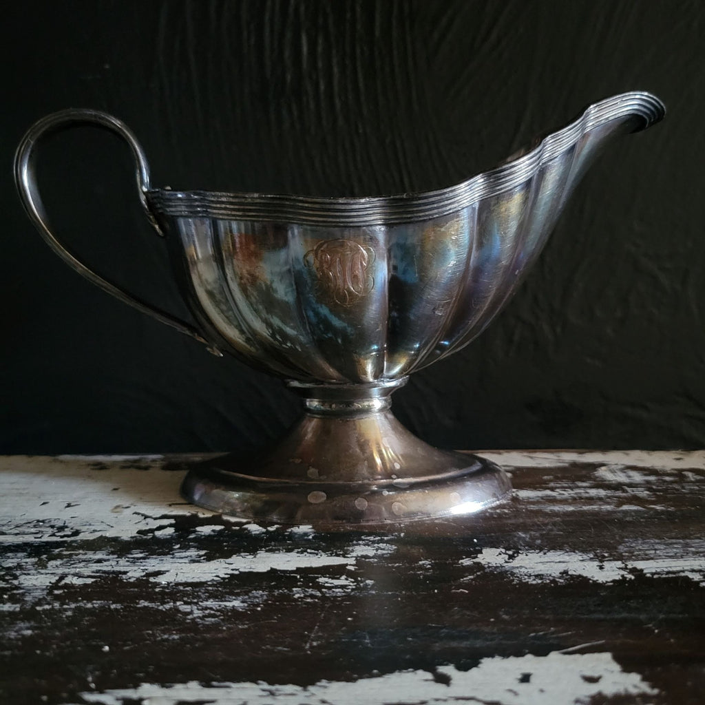 Vintage Monogrammed Silverplate Gravy Boat / Sauce Boat