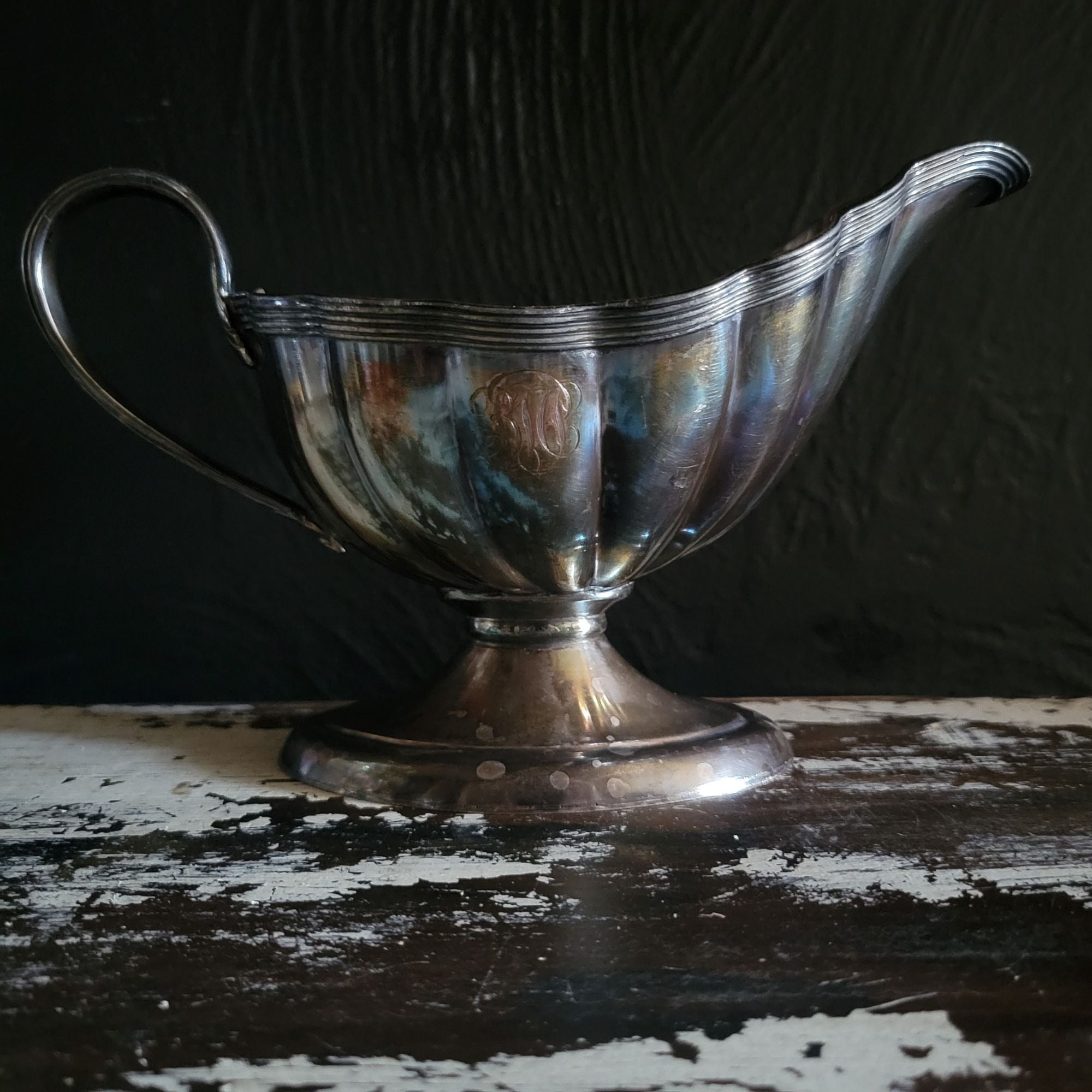 Vintage Monogrammed Silverplate Gravy Boat / Sauce Boat
