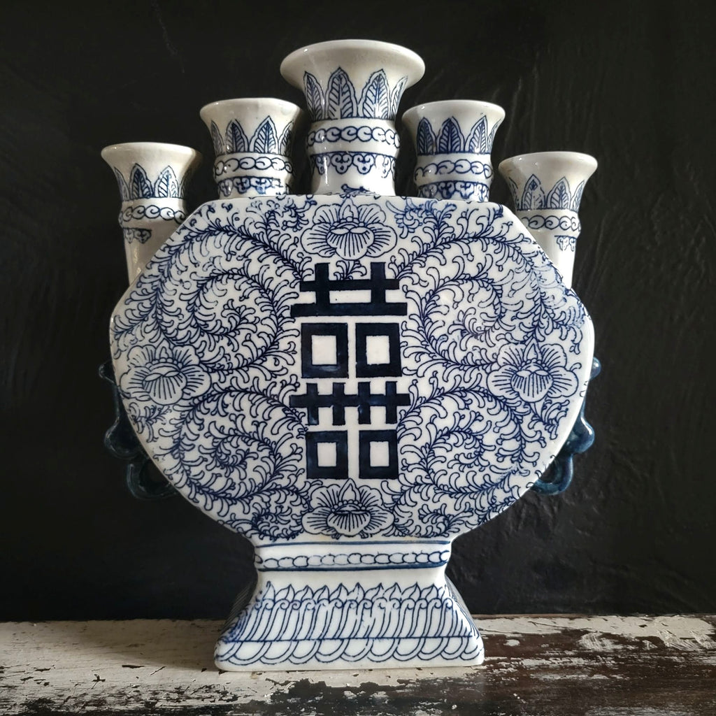Vtg Double Happiness Porcelain Candle Stick Holder Blue and White Chinoiserie