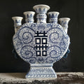 Vtg Double Happiness Porcelain Candle Stick Holder Blue and White Chinoiserie