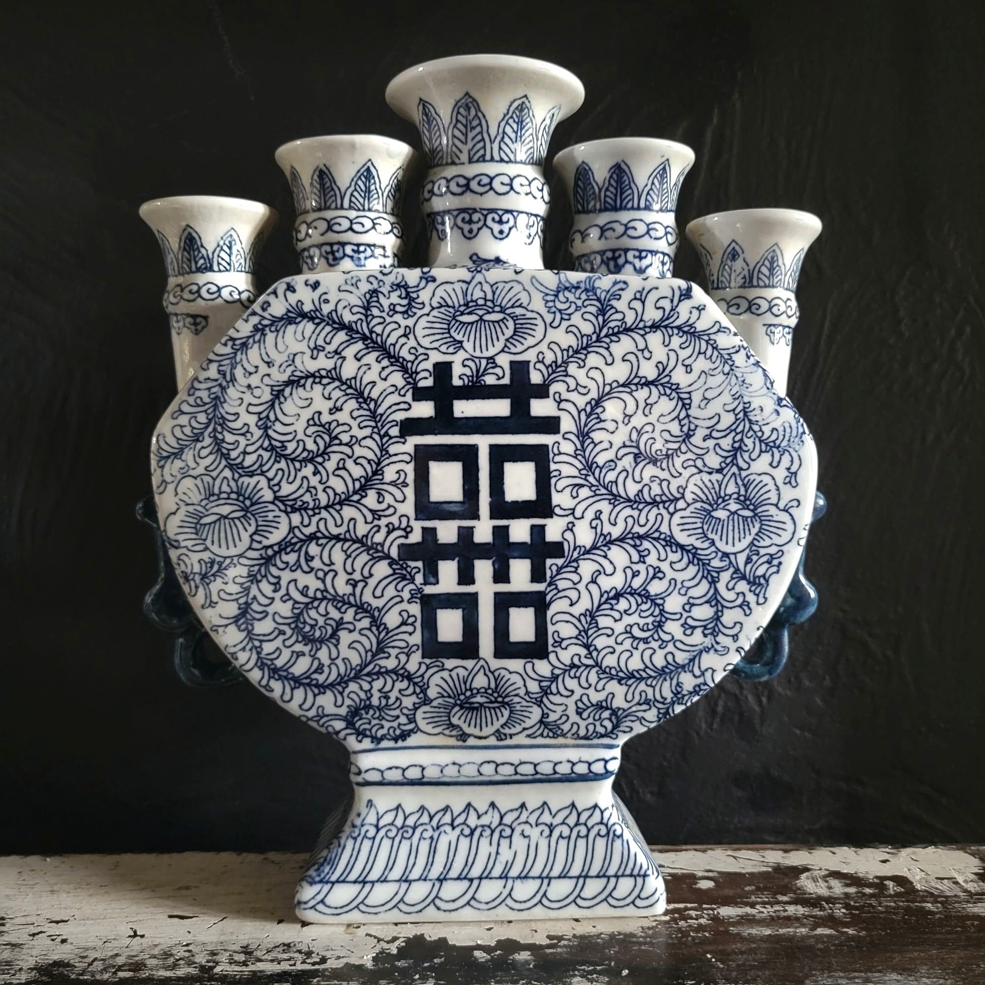 Vtg Double Happiness Porcelain Candle Stick Holder Blue and White Chinoiserie