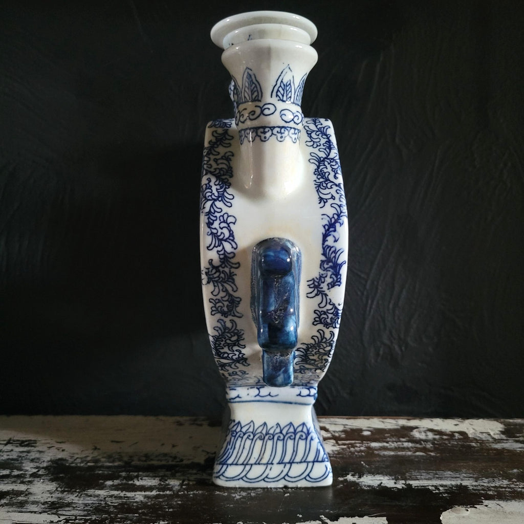 Vtg Double Happiness Porcelain Candle Stick Holder Blue and White Chinoiserie