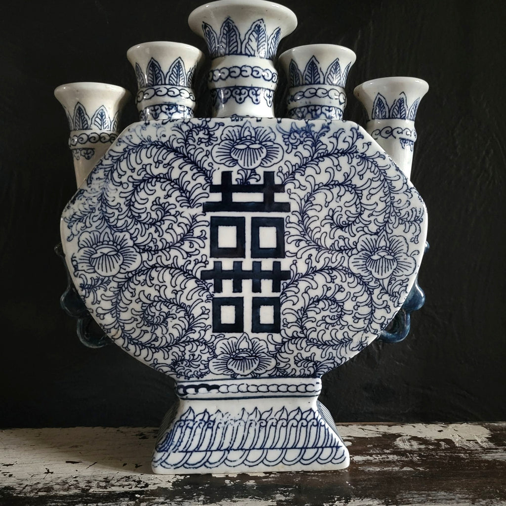 Vtg Double Happiness Porcelain Candle Stick Holder Blue and White Chinoiserie