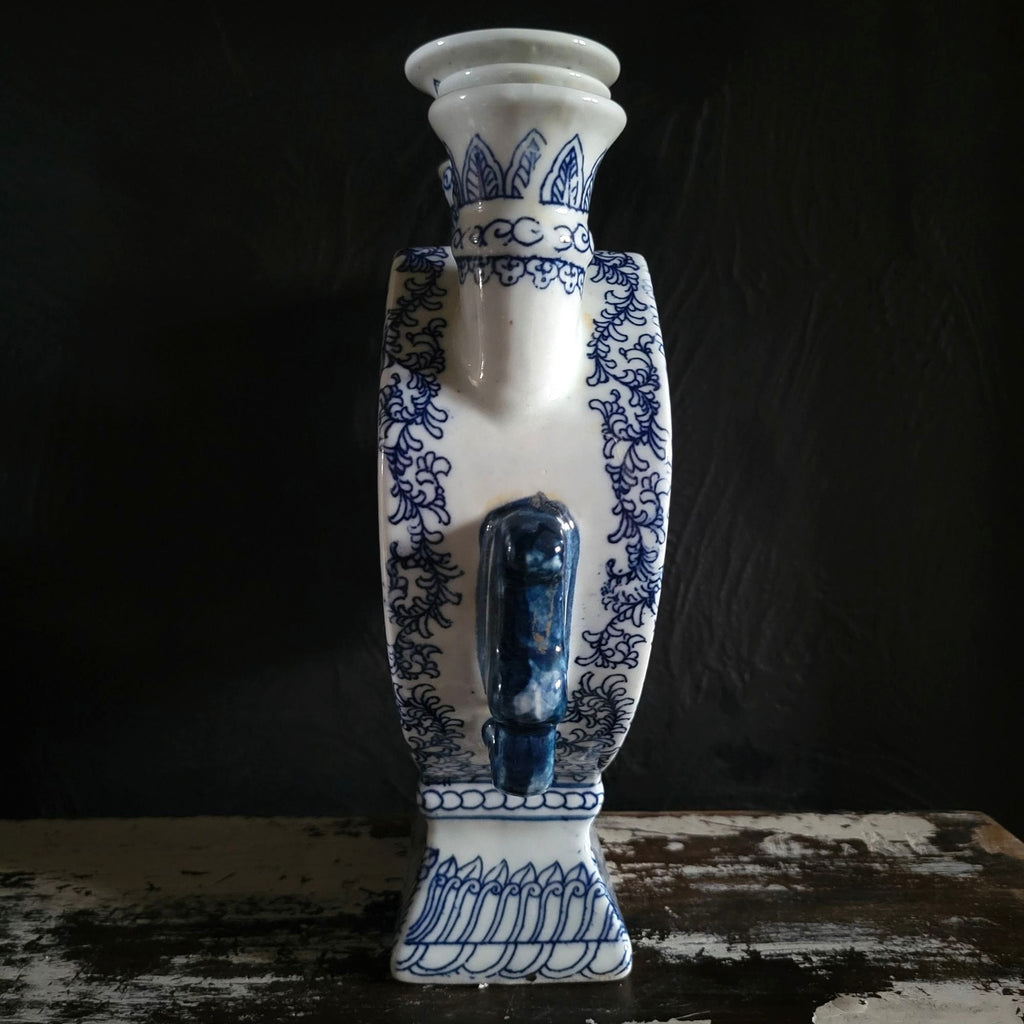 Vtg Double Happiness Porcelain Candle Stick Holder Blue and White Chinoiserie