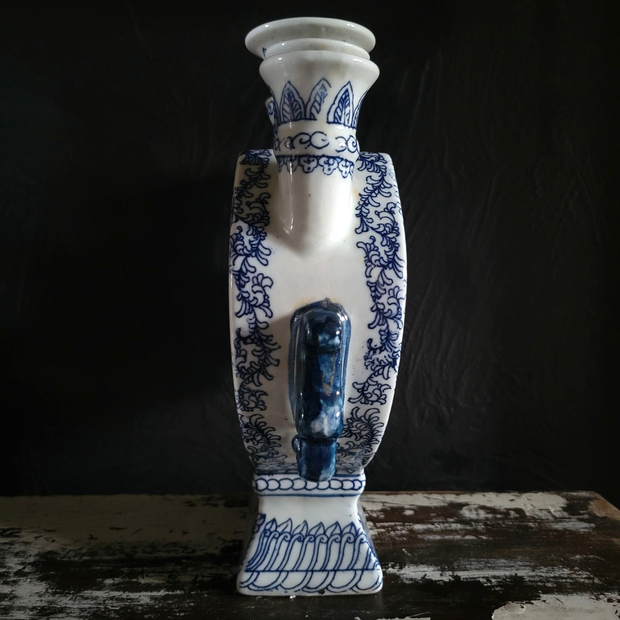 Vtg Double Happiness Porcelain Candle Stick Holder Blue and White Chinoiserie