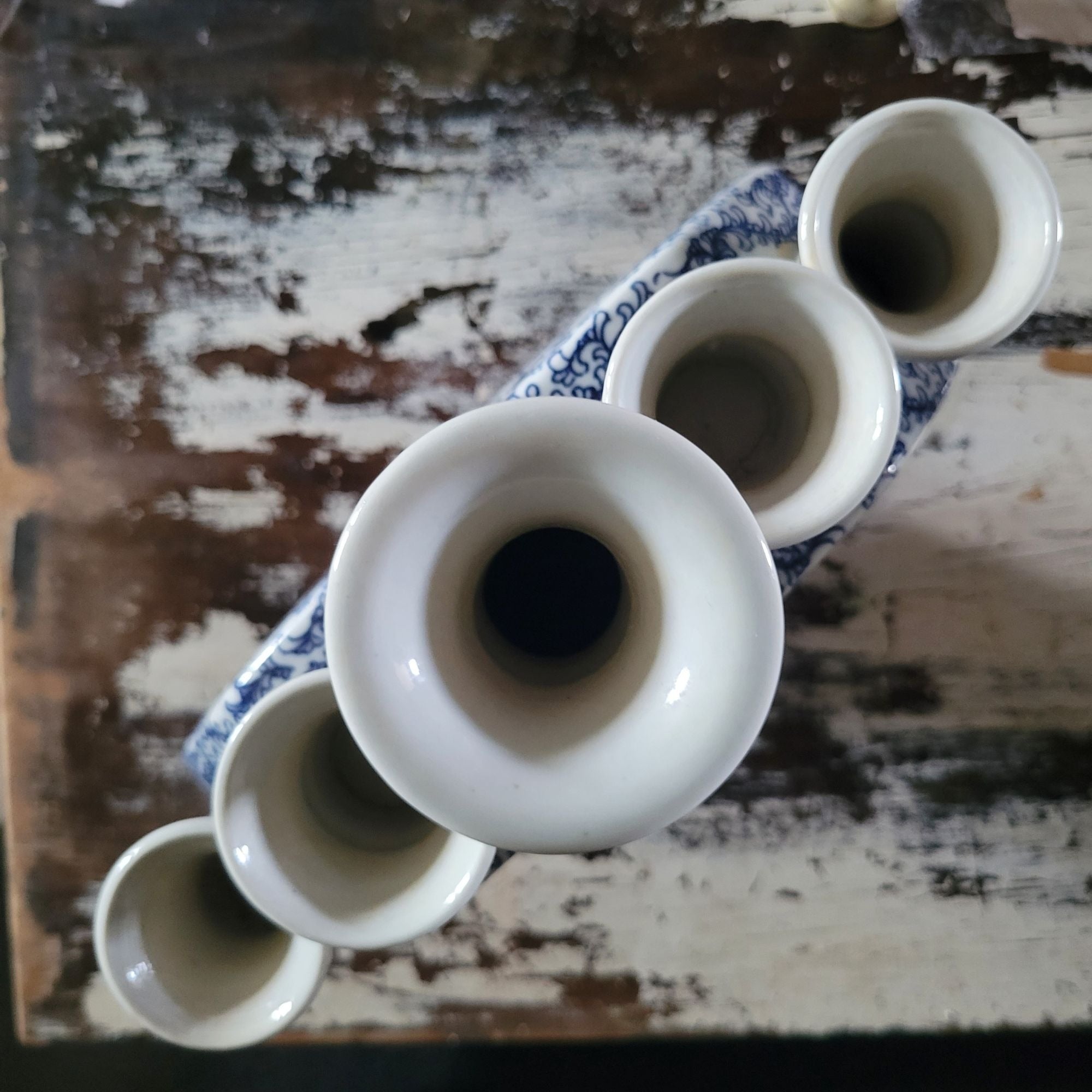Vtg Double Happiness Porcelain Candle Stick Holder Blue and White Chinoiserie