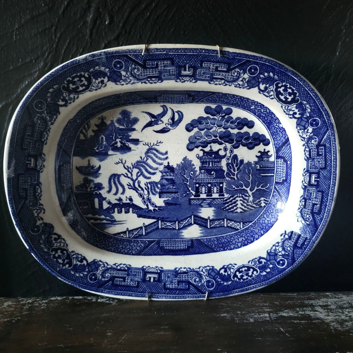 Antique Blue Willow Platter Blue and White Chinoiserie w Hanger England 13"