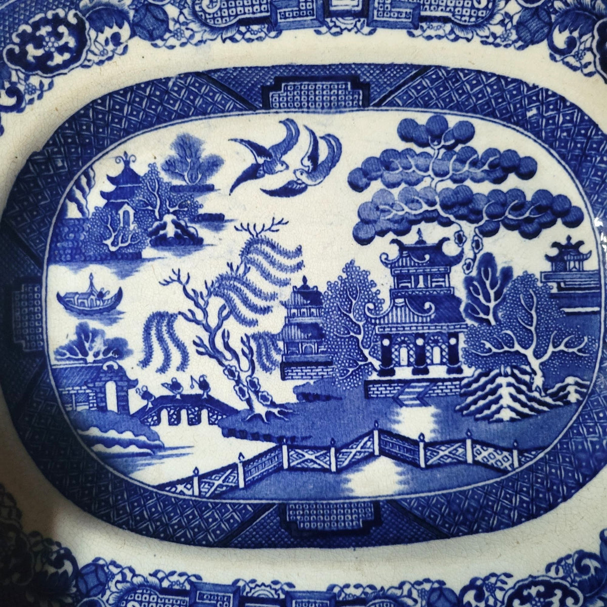 Antique Blue Willow Platter Blue and White Chinoiserie w Hanger England 13"