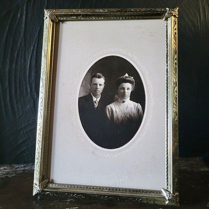 Vintage Metal Picture Frame with Antique Photo of Couple - Mollie and Elmer Reed