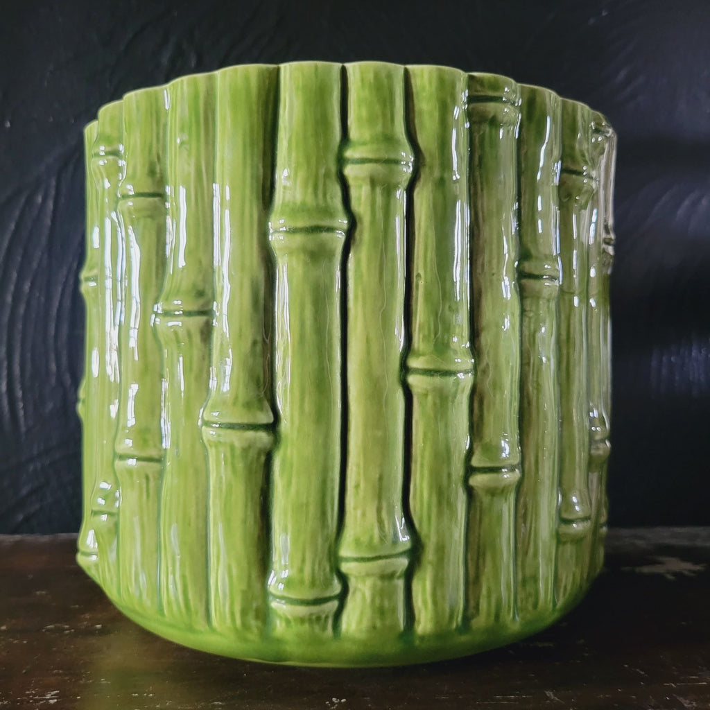 Vintage Green Ceramic Bamboo Planter Textured Faux Bamboo Design