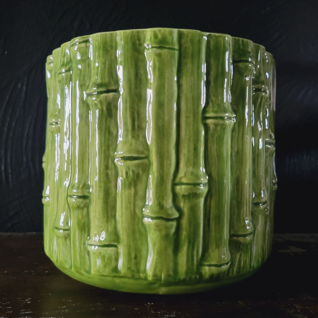 Vintage Green Ceramic Bamboo Planter Textured Faux Bamboo Design