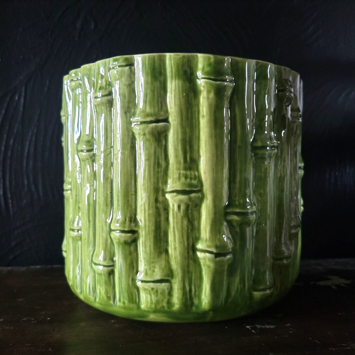 Vintage Green Ceramic Bamboo Planter Textured Faux Bamboo Design