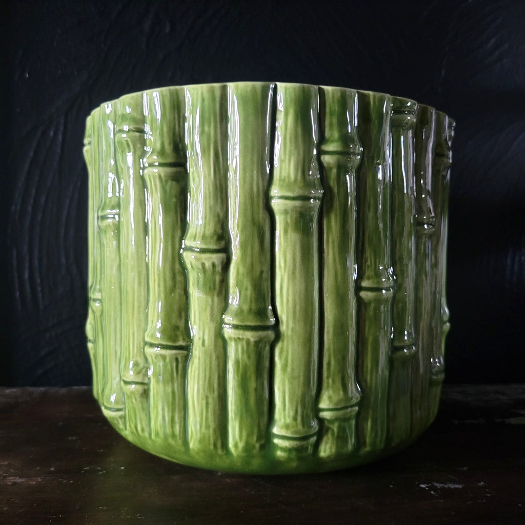 Vintage Green Ceramic Bamboo Planter Textured Faux Bamboo Design
