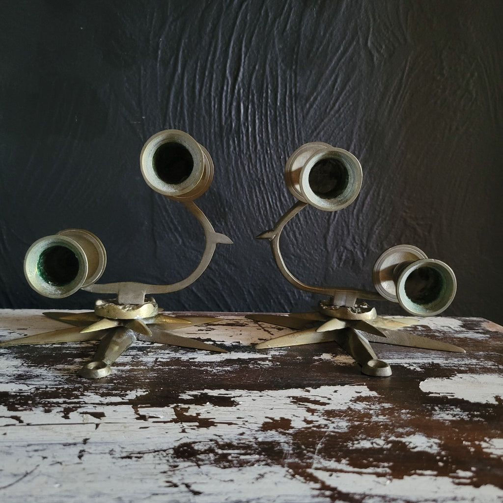 Vintage Set Brass Starburst Double Candlestick Wall Sconces Candle Holders
