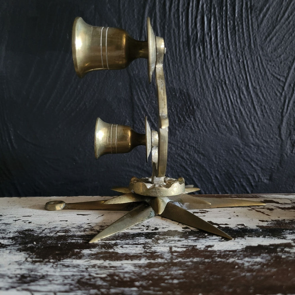 Vintage Set Brass Starburst Double Candlestick Wall Sconces Candle Holders