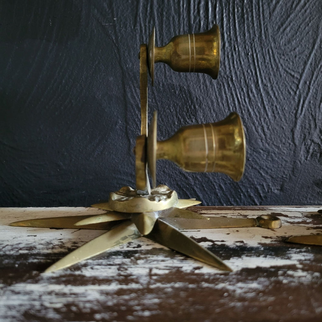 Vintage Set Brass Starburst Double Candlestick Wall Sconces Candle Holders