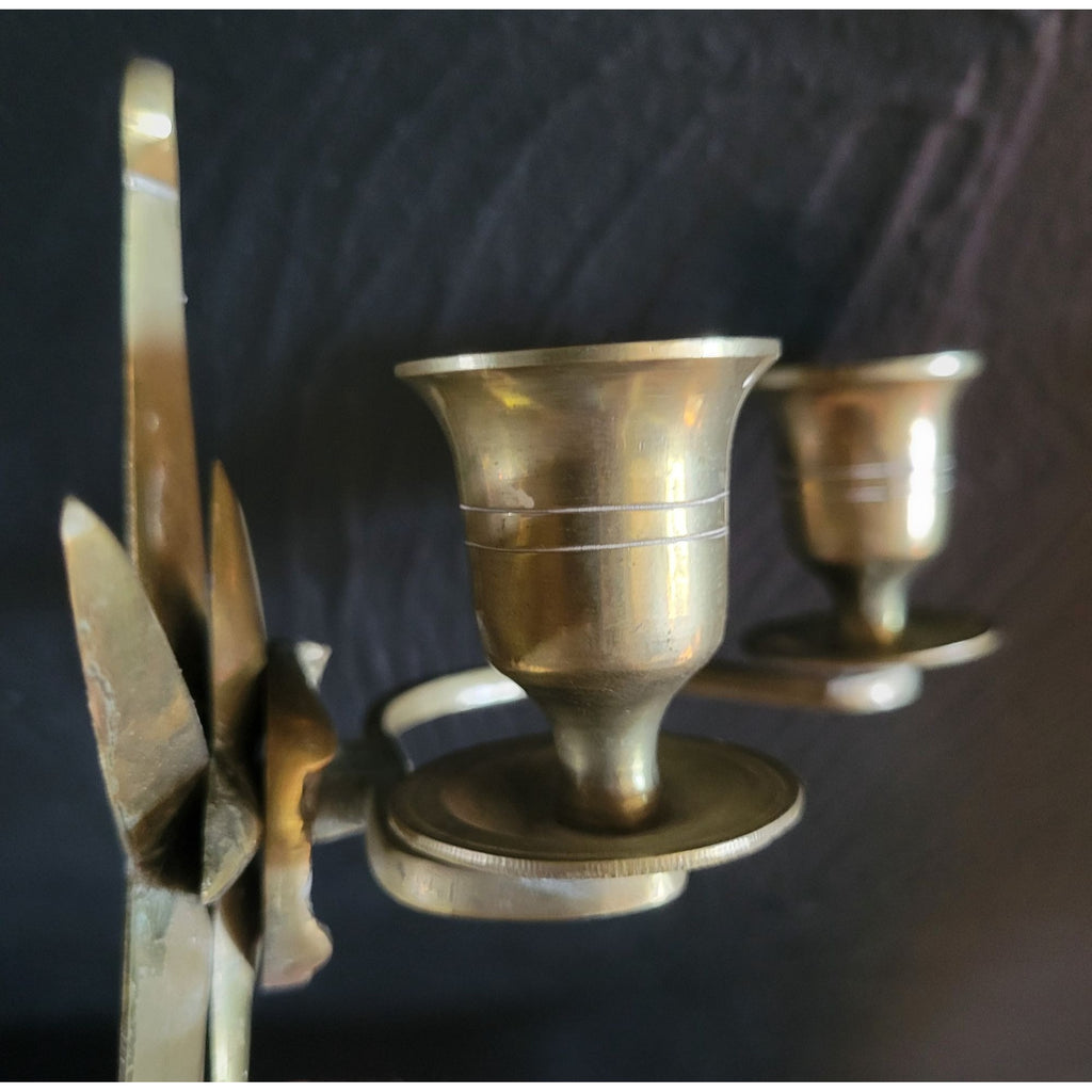 Vintage Set Brass Starburst Double Candlestick Wall Sconces Candle Holders
