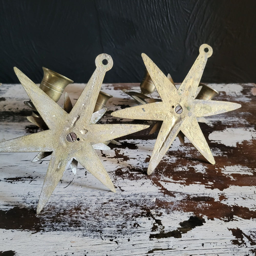 Vintage Set Brass Starburst Double Candlestick Wall Sconces Candle Holders