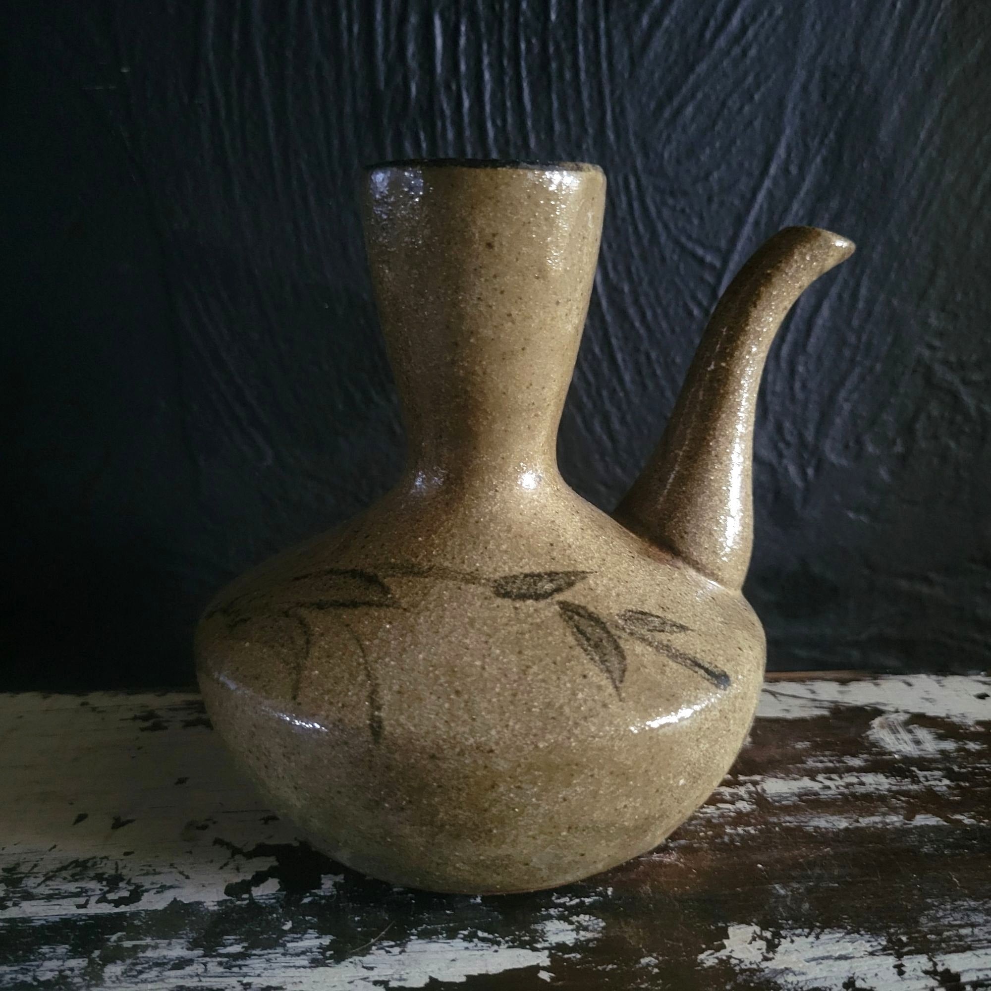 Vintage Japanese Ceramic Pottery Sake Pourer Jug Bamboo Motif Red Clay Handmade