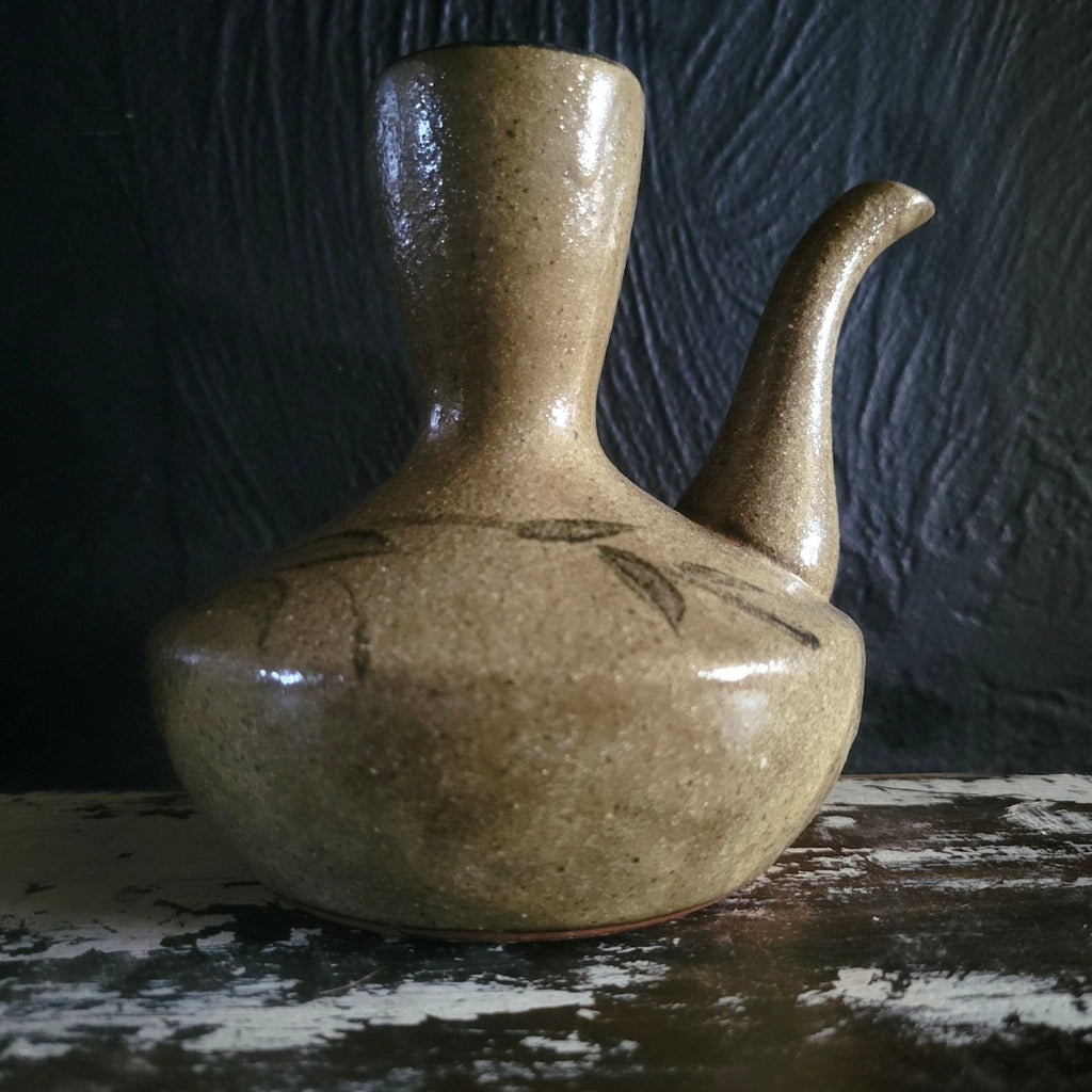 Vintage Japanese Ceramic Pottery Sake Pourer Jug Bamboo Motif Red Clay Handmade