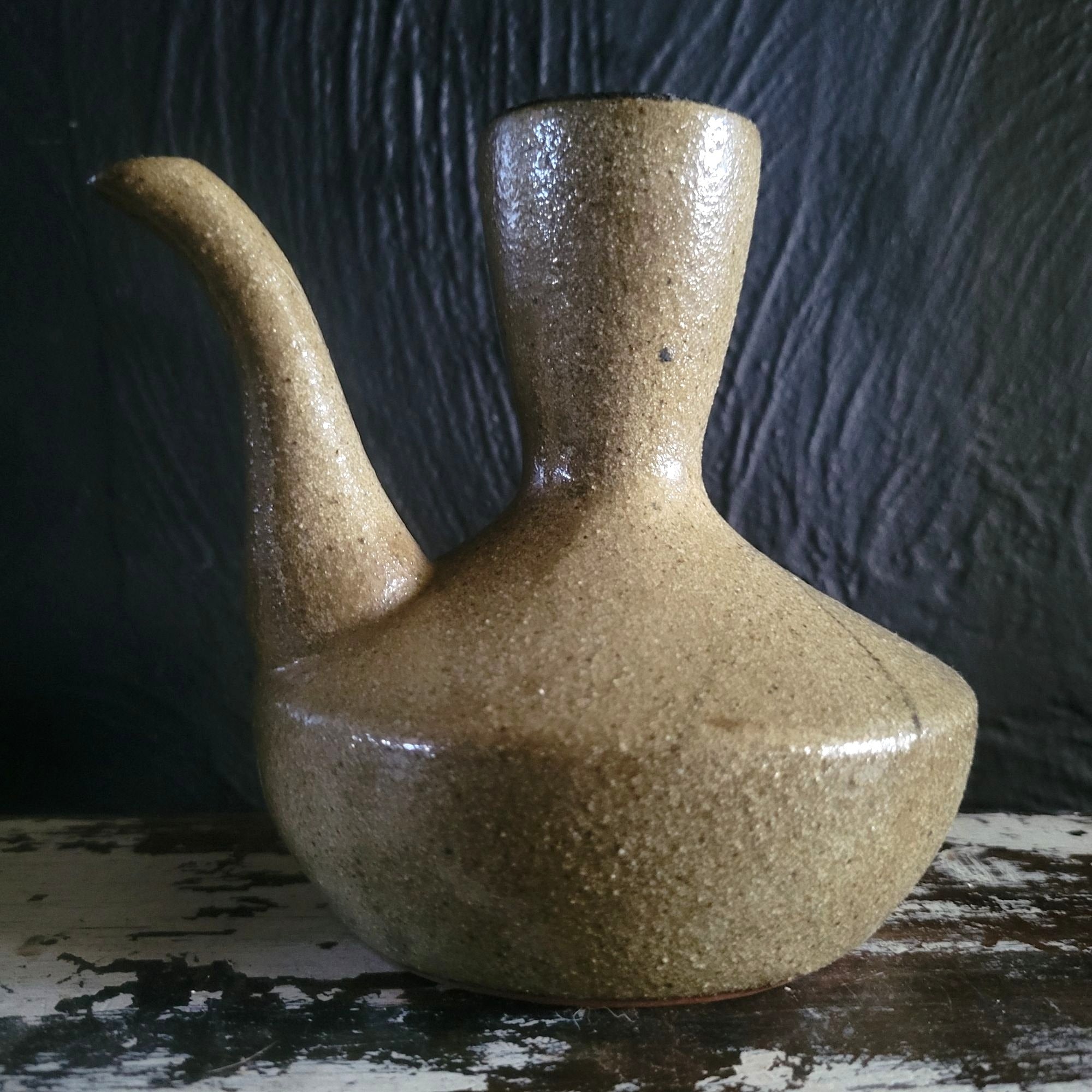 Vintage Japanese Ceramic Pottery Sake Pourer Jug Bamboo Motif Red Clay Handmade