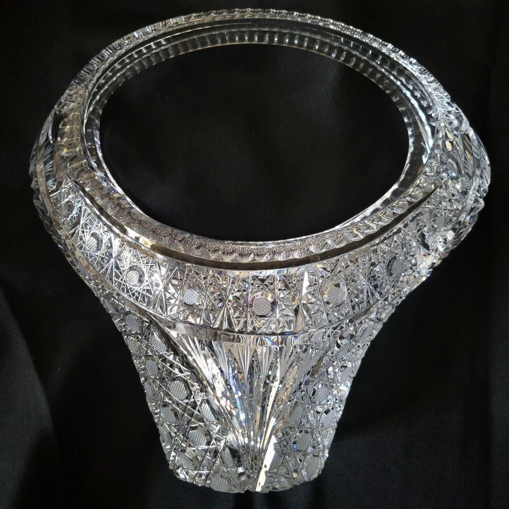 Large Vtg Hand-Cut Lead Crystal Basket Bohemian Crystal Centerpiece Basket 9.75"