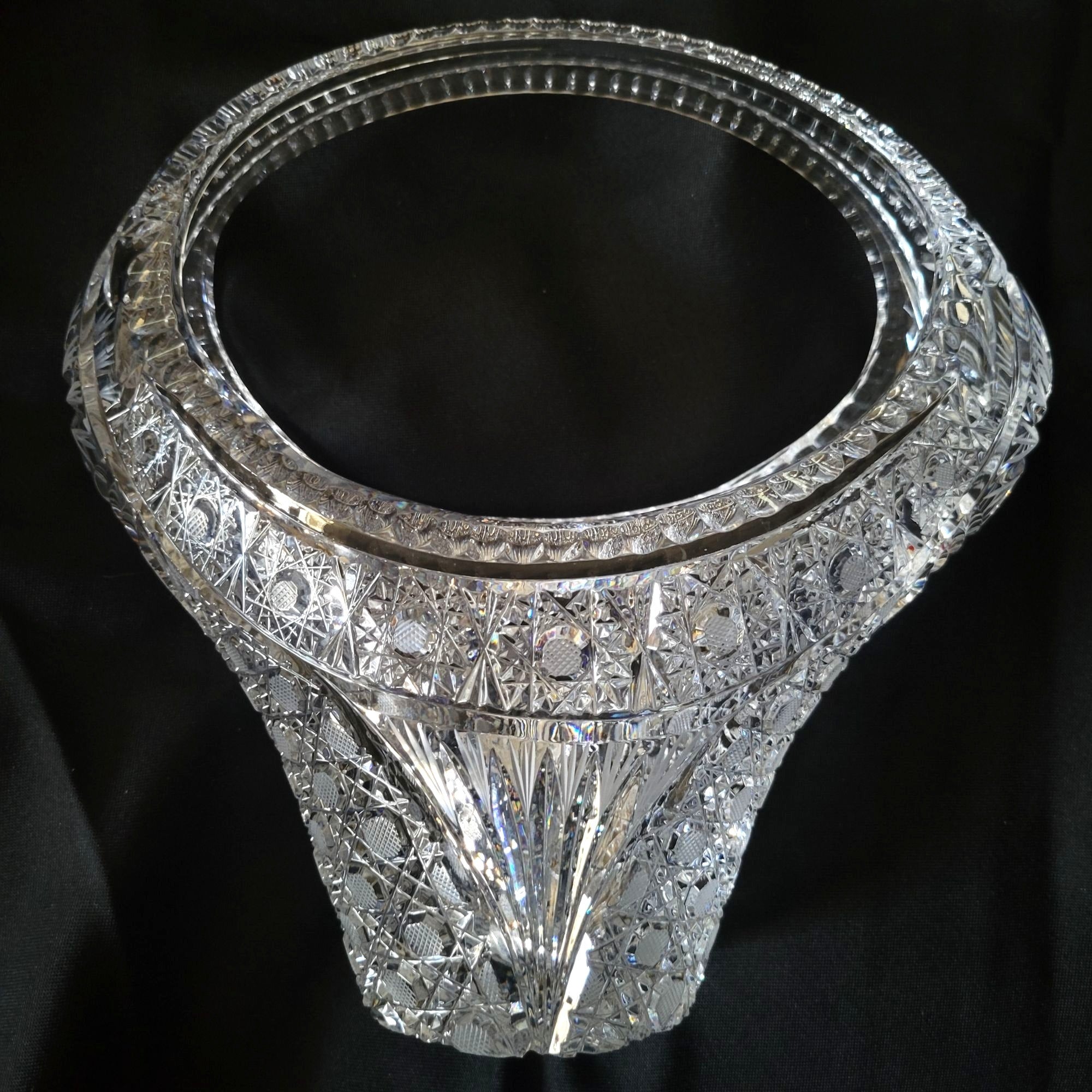 Large Vtg Hand-Cut Lead Crystal Basket Bohemian Crystal Centerpiece Basket 9.75"