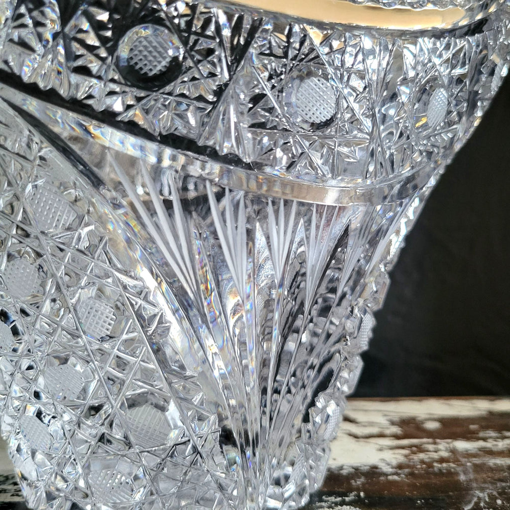 Large Vtg Hand-Cut Lead Crystal Basket Bohemian Crystal Centerpiece Basket 9.75"