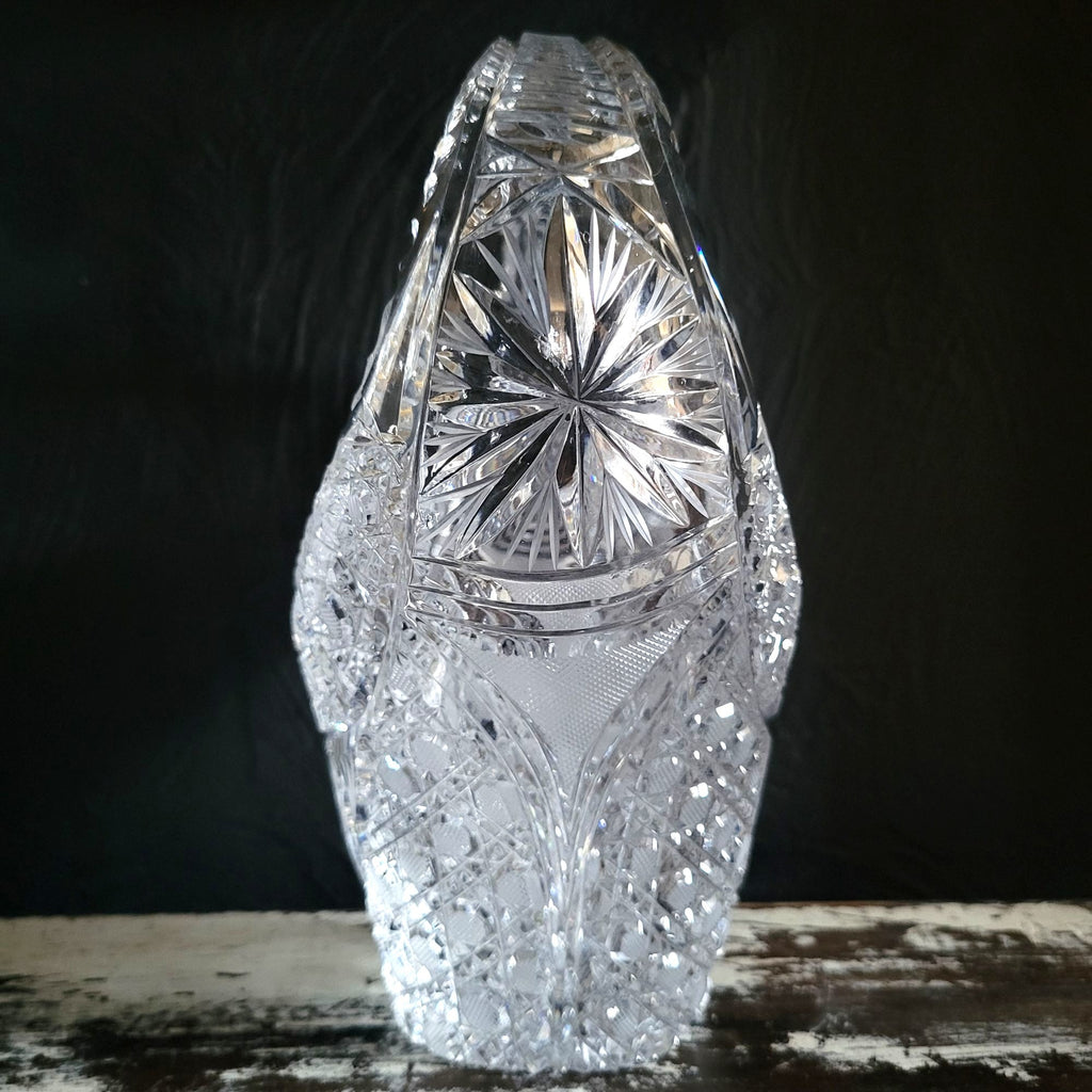 Large Vtg Hand-Cut Lead Crystal Basket Bohemian Crystal Centerpiece Basket 9.75"