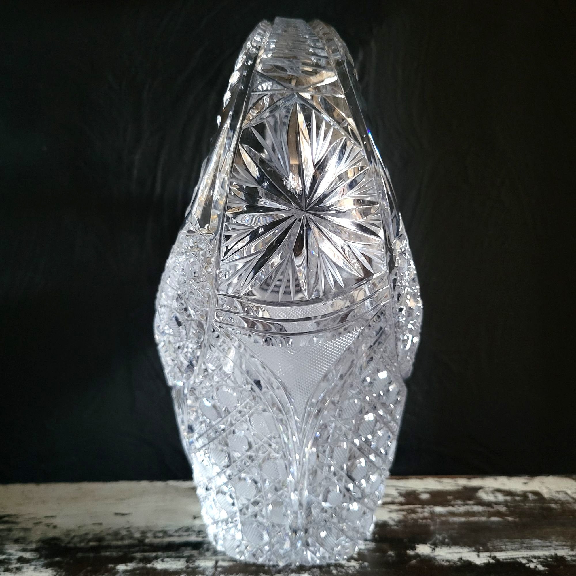 Large Vtg Hand-Cut Lead Crystal Basket Bohemian Crystal Centerpiece Basket 9.75"