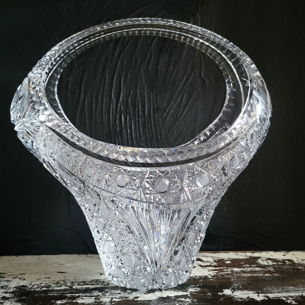Large Vtg Hand-Cut Lead Crystal Basket Bohemian Crystal Centerpiece Basket 9.75"