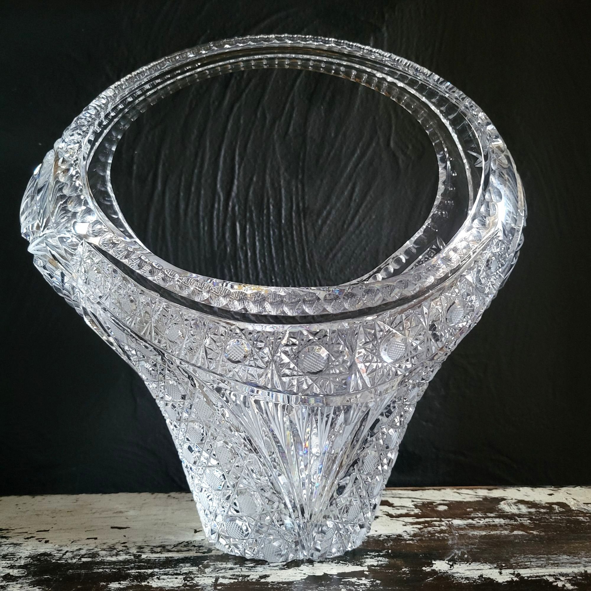Large Vtg Hand-Cut Lead Crystal Basket Bohemian Crystal Centerpiece Basket 9.75"