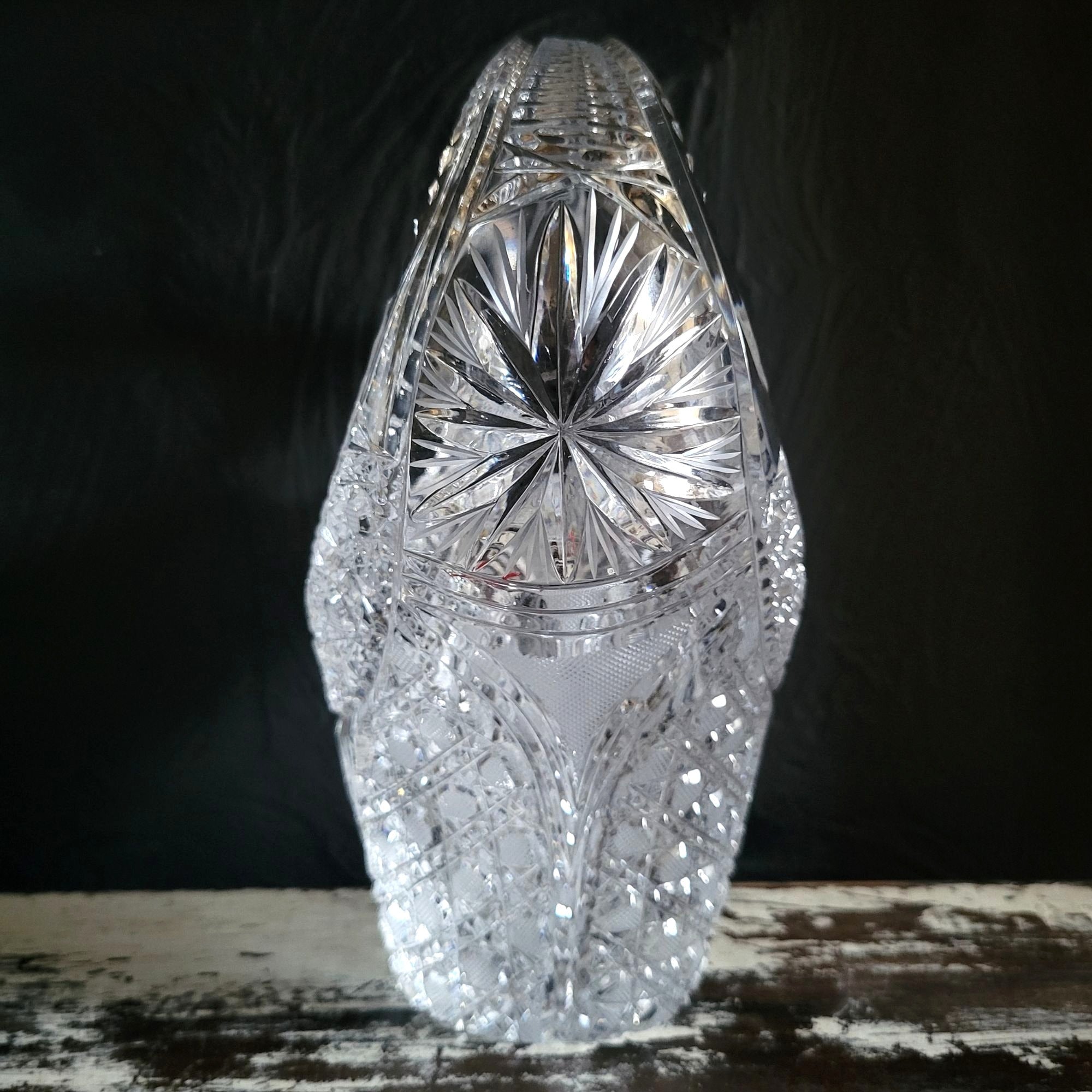 Large Vtg Hand-Cut Lead Crystal Basket Bohemian Crystal Centerpiece Basket 9.75"
