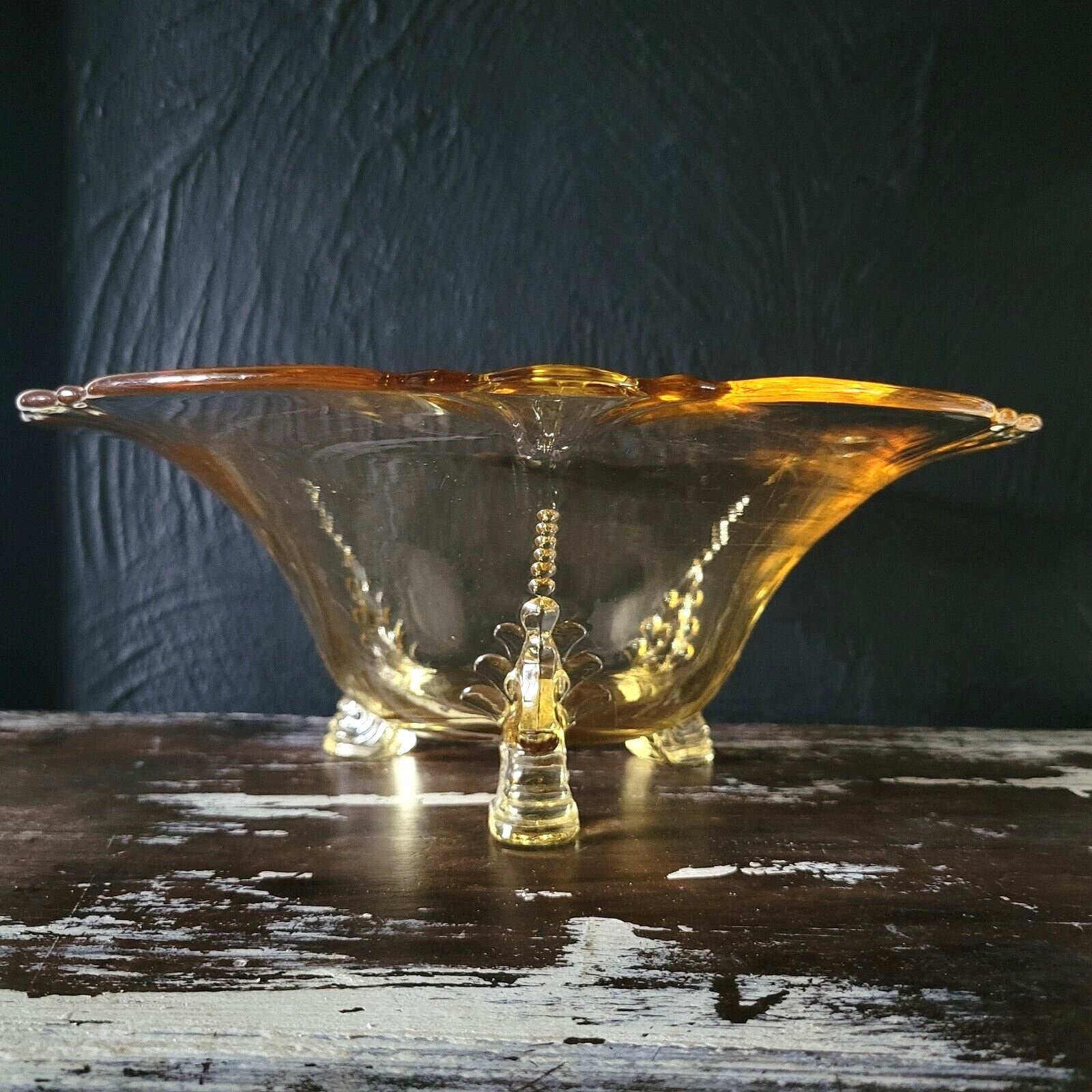 Large Vintage Heisey Empress Sahara Yellow 11" Heraldic Dolphin Footed Bowl