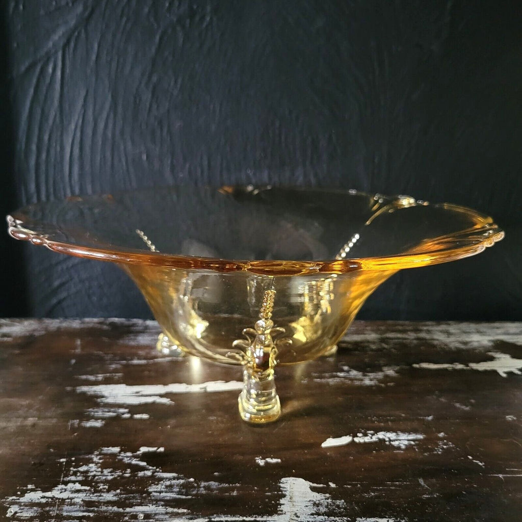 Large Vintage Heisey Empress Sahara Yellow 11" Heraldic Dolphin Footed Bowl