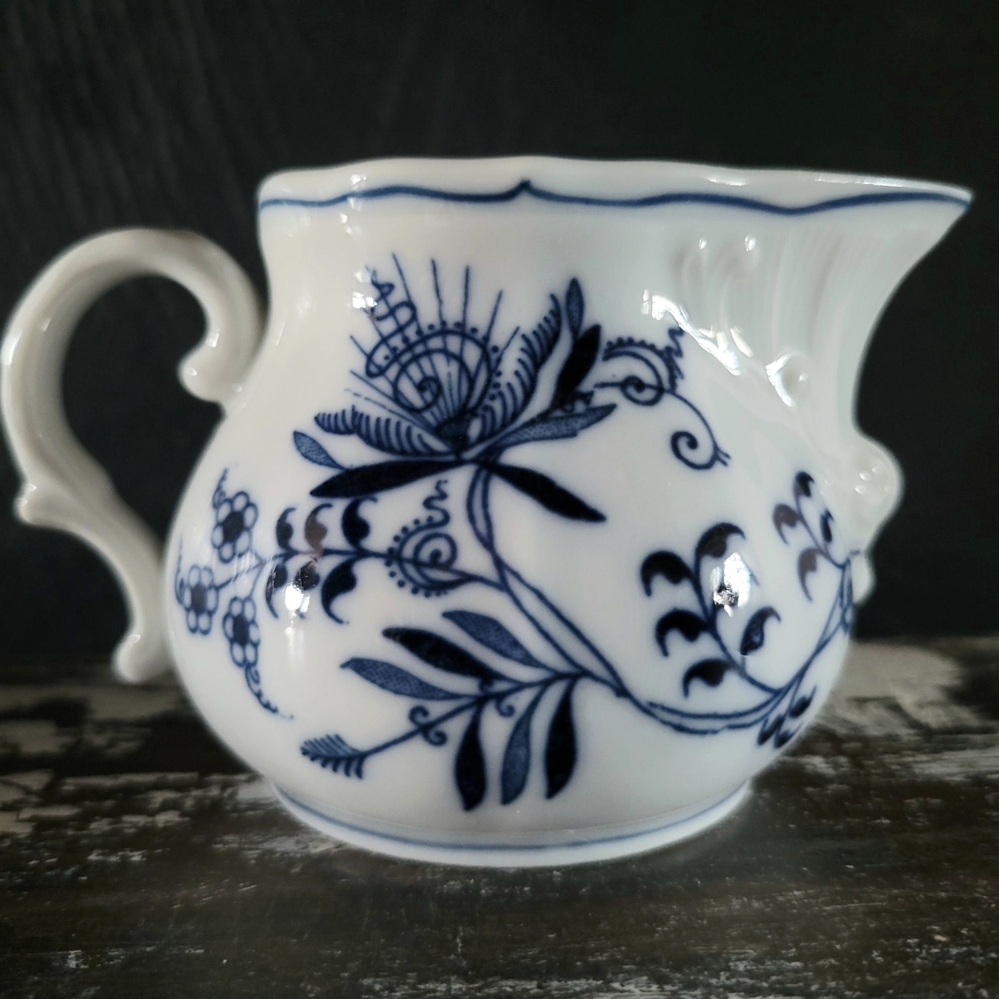 Vtg Blue Danube Creamer Jug 6 Oz Blue and White Porcelain Floral & Scroll Design