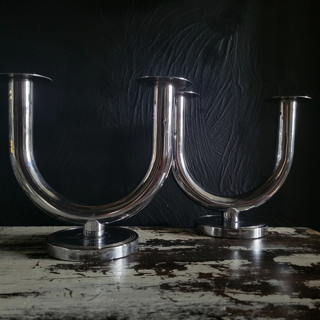 Pair of 1930s Art Deco Chase By Walter Von Nessen Taurex U-Shaped Candle Holders