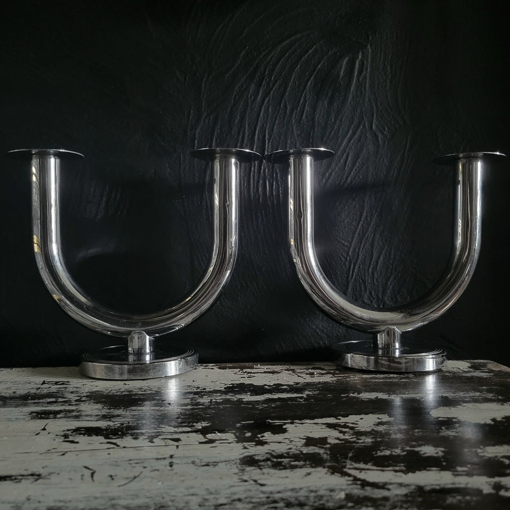 Pair of 1930s Art Deco Chase By Walter Von Nessen Taurex U-Shaped Candle Holders