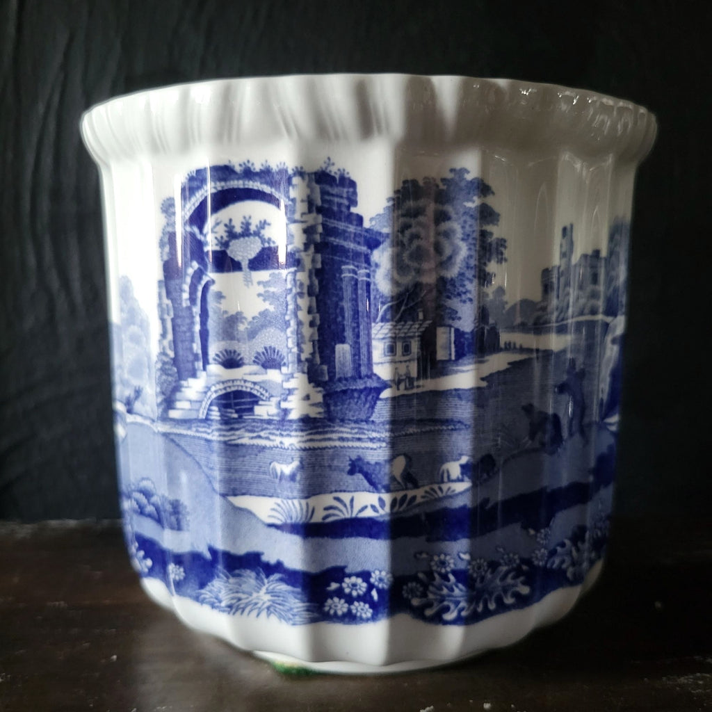Vintage Spode Blue Italian Cachepot Fluted English Blue And White Planter 5"