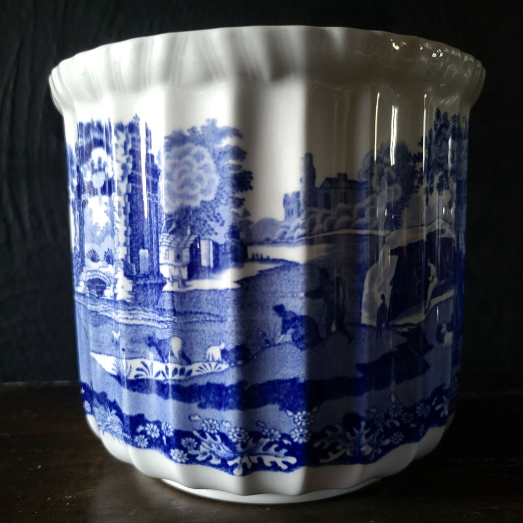 Vintage Spode Blue Italian Cachepot Fluted English Blue And White Planter 5"