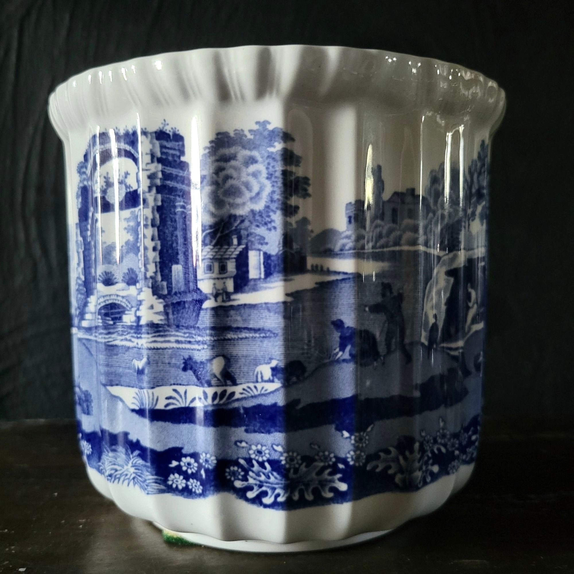 Vintage Spode Blue Italian Cachepot Fluted English Blue And White Planter 5"