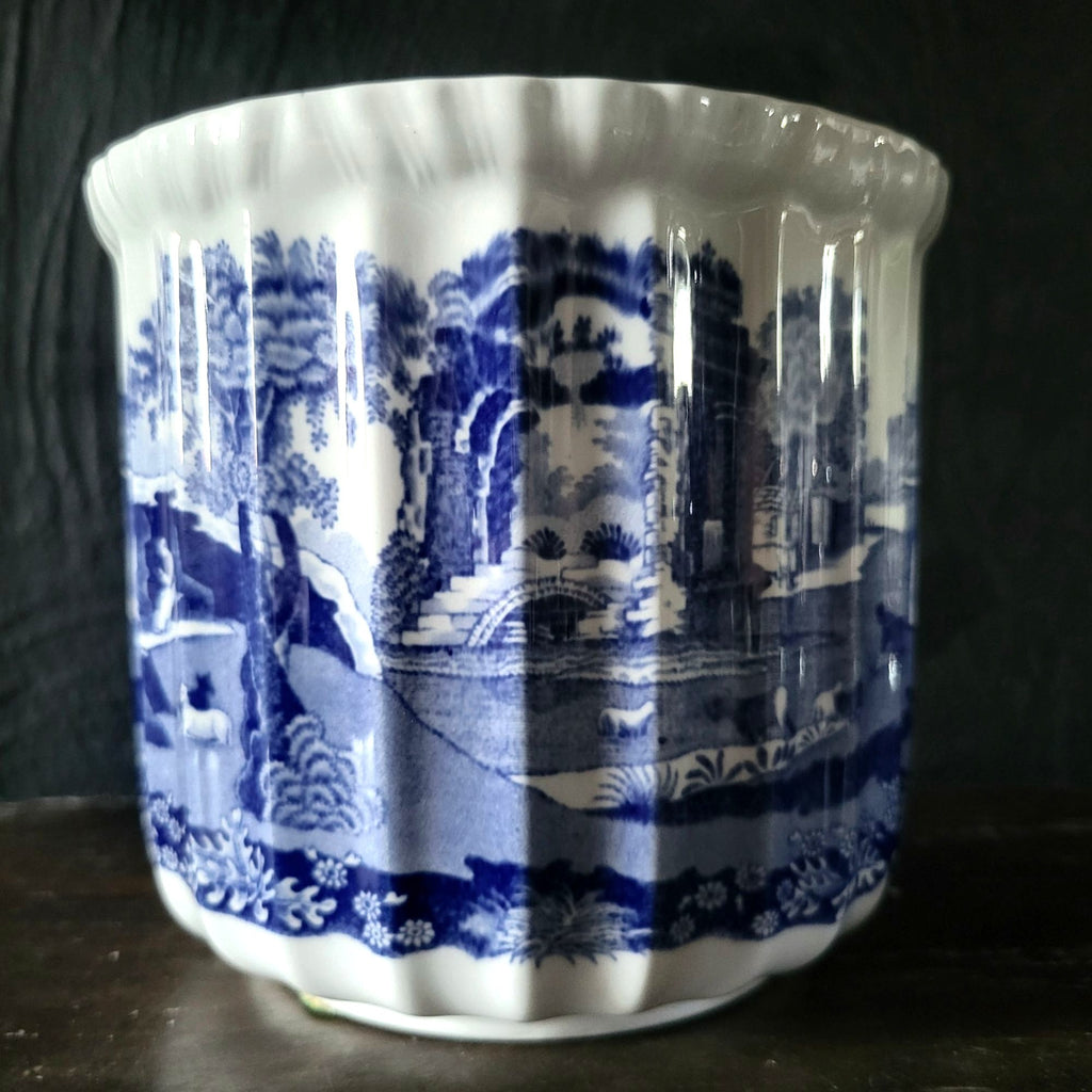 Vintage Spode Blue Italian Cachepot Fluted English Blue And White Planter 5"