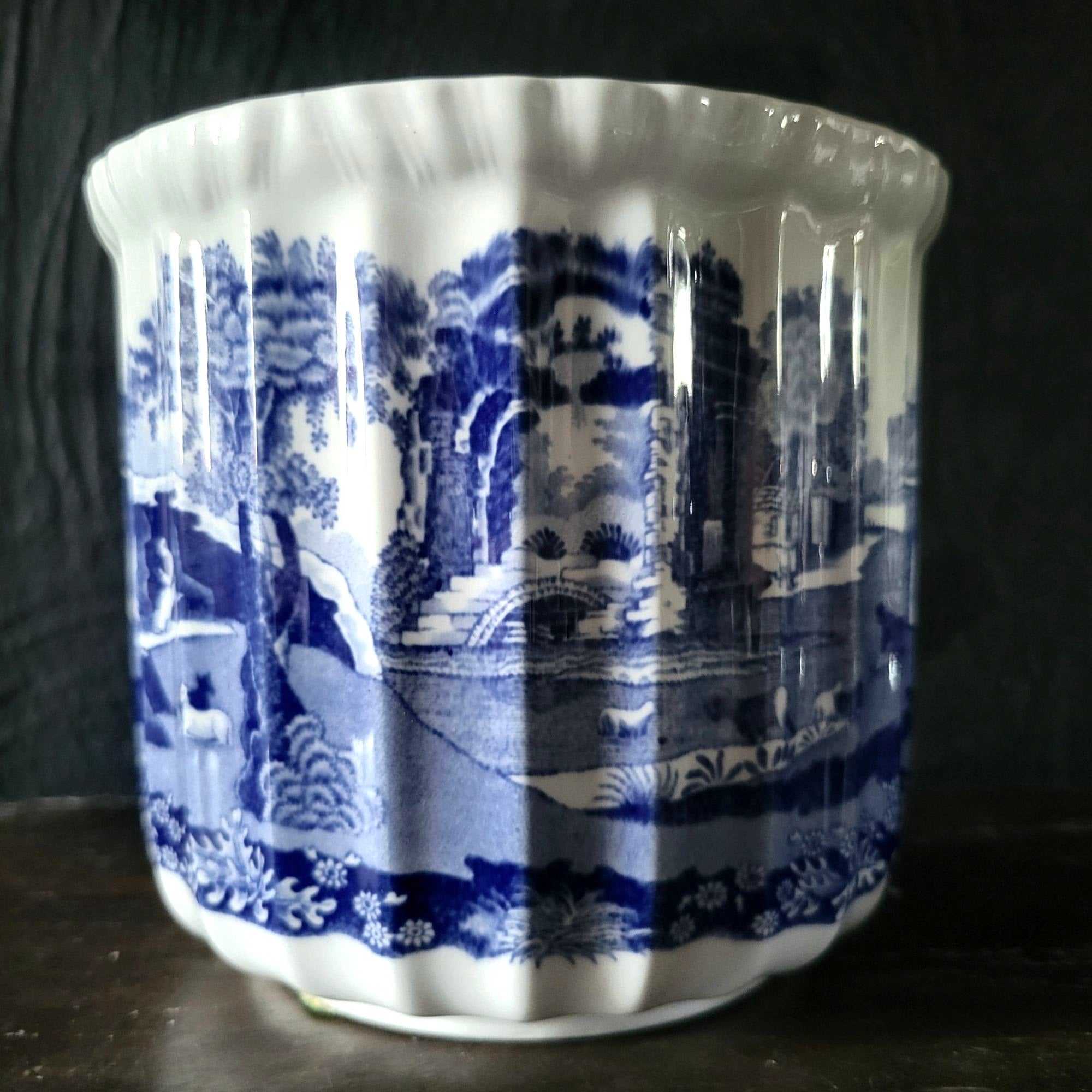 Vintage Spode Blue Italian Cachepot Fluted English Blue And White Planter 5"