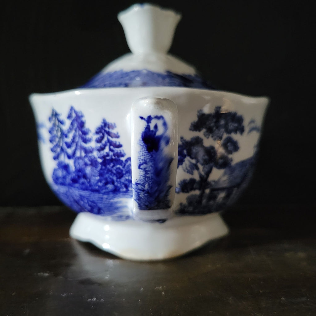 Vtg Landscape Blue By Arabia Of Finland Blue & White Sugar Bowl Dual Handles